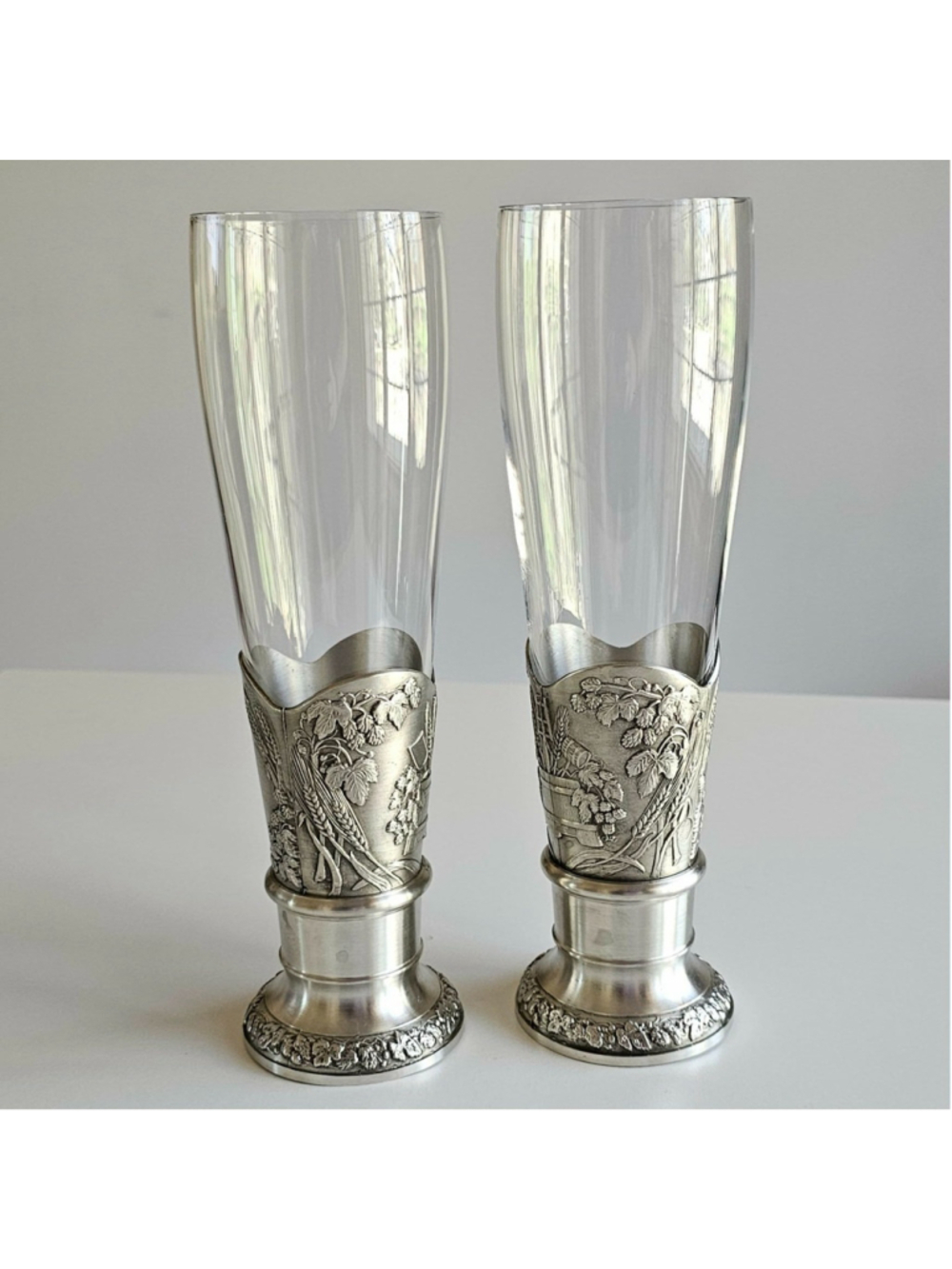 Set of 2 Vintage German Beer Glasses – Pewter Base Hops & Wheat Relief – 9"